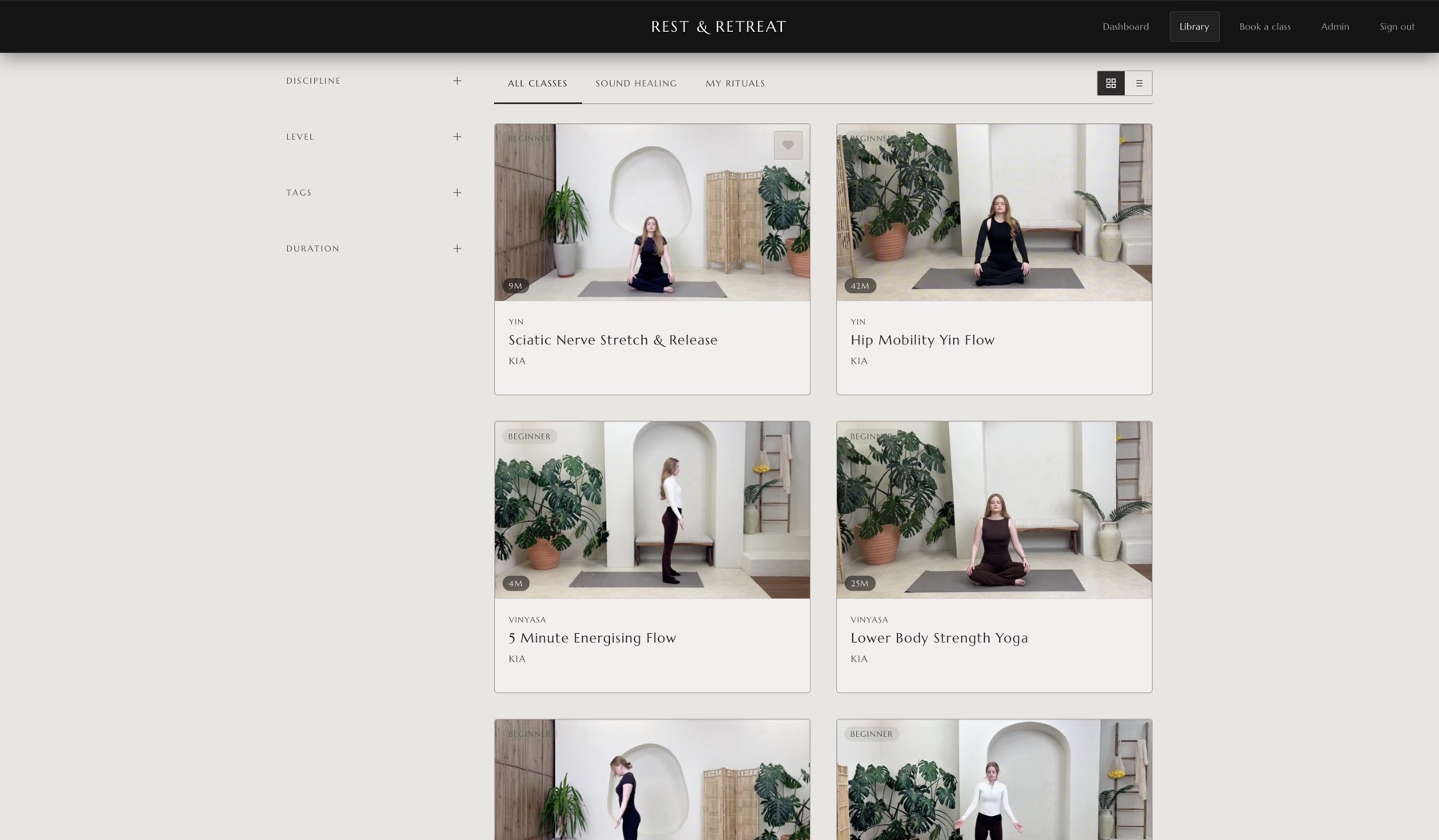 The RITUAL class library open on a laptop — a grid of Yin, Vinyasa and sound-healing classes with filters down the side.